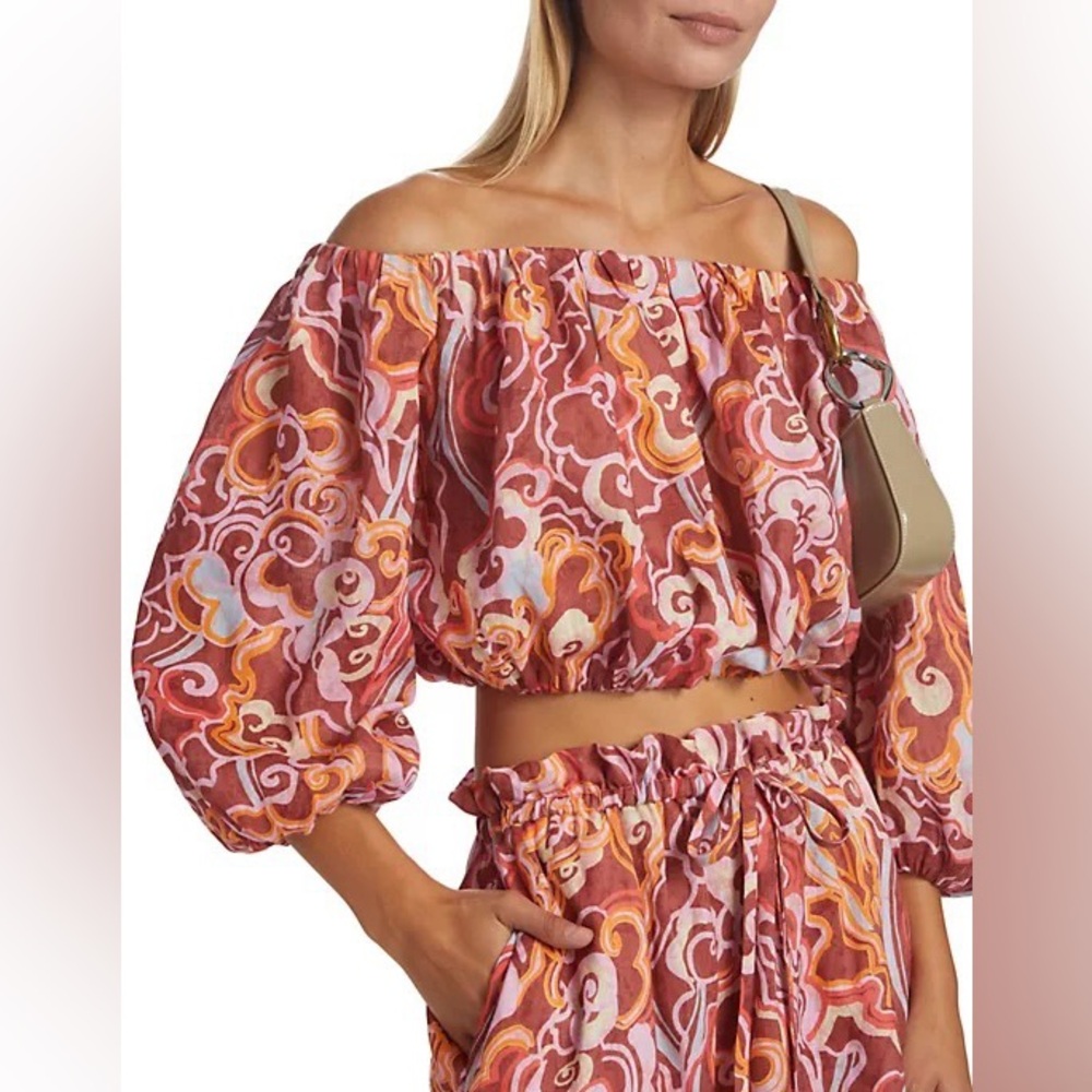 NEW A.L.C. Women's Pink Linen Printed Off-Shoulder Katherine Blouse Top XS $295